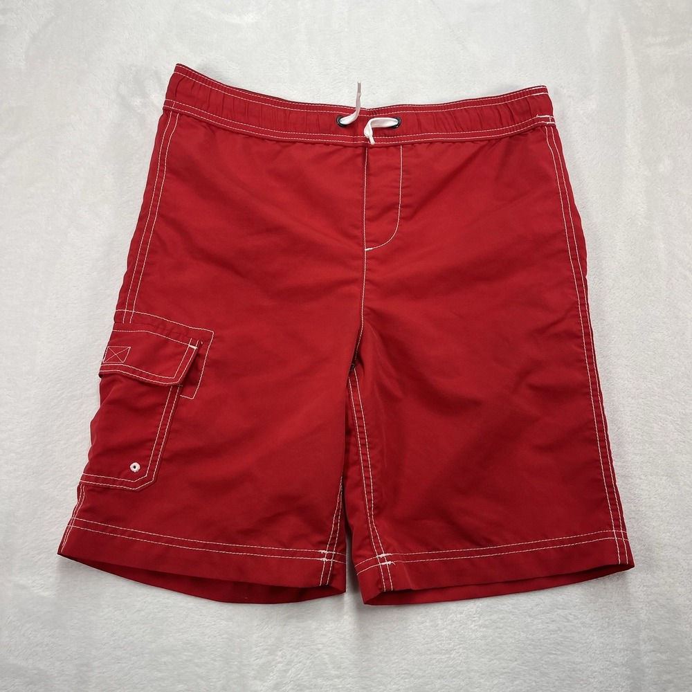 Land's End Kids Swim Trunks Boys Medium 10-12 Red Coastal Summer Beach Pool